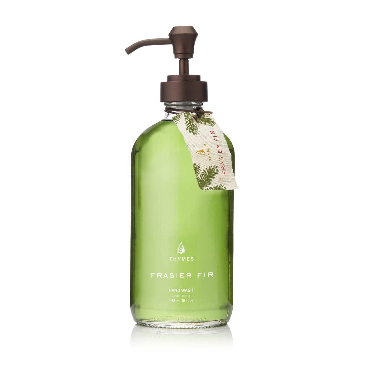 Green bottle of Frasier Fir hand wash with pump on a white background