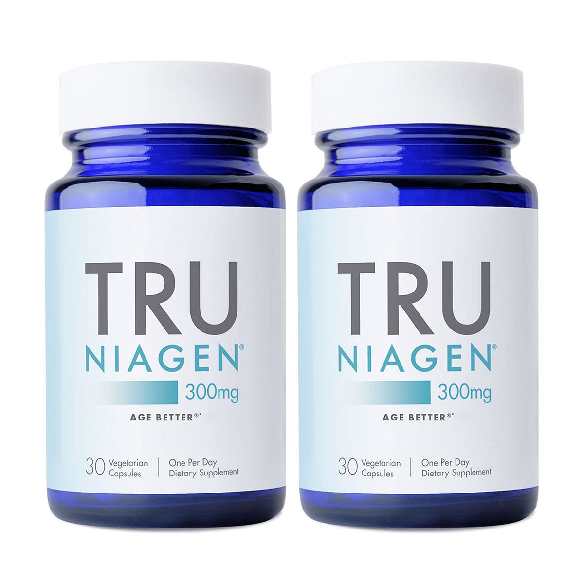 Two bottles of Tru Niagen 300mg dietary supplements on a white background