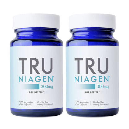 Two bottles of Tru Niagen 300mg dietary supplements on a white background