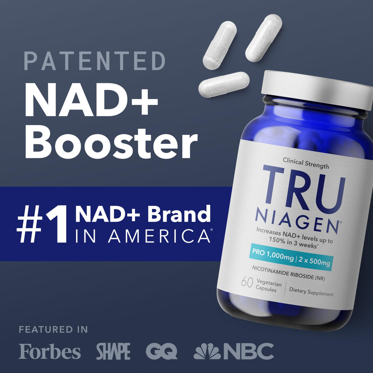 Suplemento TRU NIAGEN PRO NAD+ – Antienvejecimiento, Energía Celular, 2x500mg Niagen (NR), 30 Porciones