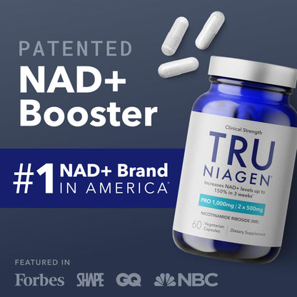 Suplemento TRU NIAGEN PRO NAD+ – Antienvejecimiento, Energía Celular, 2x500mg Niagen (NR), 30 Porciones
