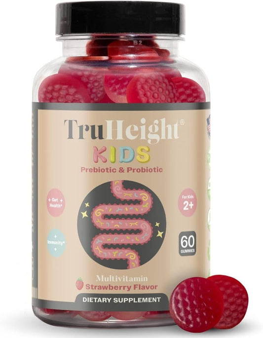TruHeight Kids dietary supplement bottle with gummy bears on a white background