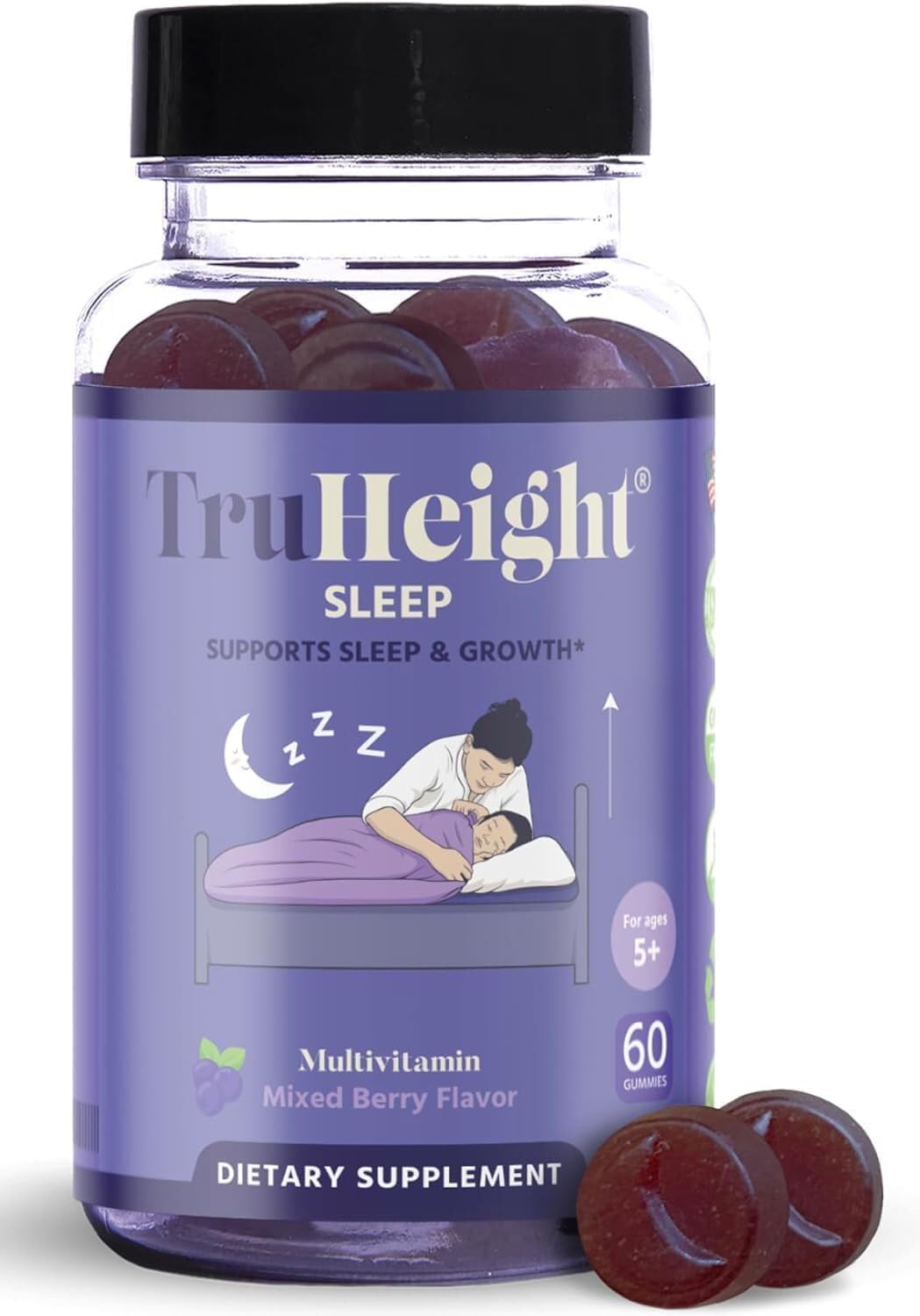 TruHeight Sleep dietary supplement bottle with gummy bears on a white background