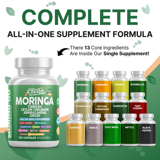 Clean Nutra Moring-Go Cápsulas de Moringa y Cúrcuma 13 en 1