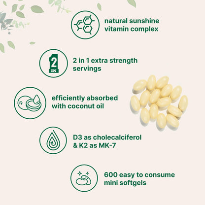 Vitamina D3 10.000 UI + K2 MK-7 200 mcg (2 Paquetes) Cápsulas Blandas | 600 Unidades | Aceite de Coco Virgen