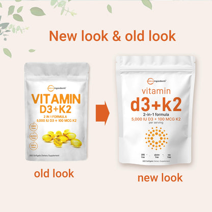 Micro Ingredients Vitamina D3 5000UI + K2 MK-7 100mcg | Paquete de 2 con 600 cápsulas blandas