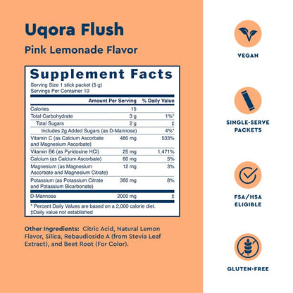 Uqora Flush Pink Lemonade – Urinary Health Drink Mix, Gluten-Free & Vegan, 20 Packets (2 Pack) - Calm Era