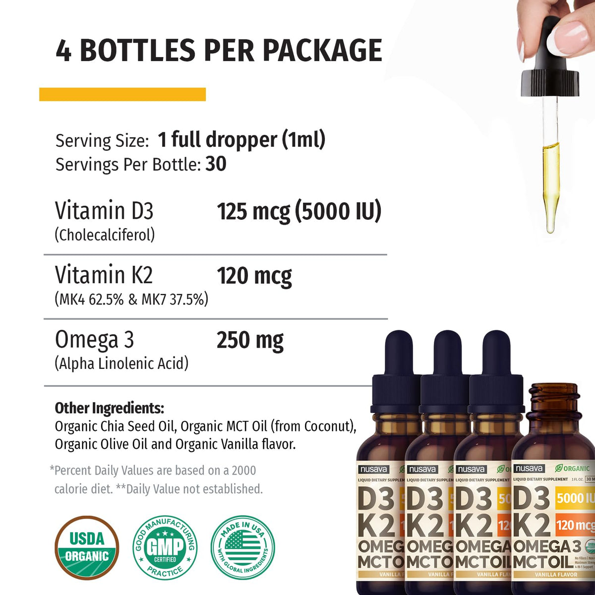 NUSAVA Vitamin D3 K2 Drops with MCT Oil – 5000 IU, Vanilla (4 Pack)