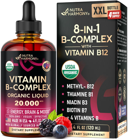Complejo de Vitamina B Orgánico del USDA, Ácido Pantoténico B5 | B12 Metilcobalamina | B1 Tiamina | B6 Piridoxina | B7 Biotina | B9 Fólico | B3 Niacinamida - Gotas Líquidas de Complejo B, Suplemento Fabricado en EE. UU., 4 fl oz (118 ml)