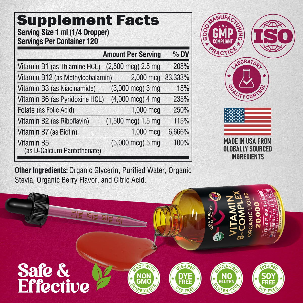 Complejo de Vitamina B Orgánico del USDA, Ácido Pantoténico B5 | B12 Metilcobalamina | B1 Tiamina | B6 Piridoxina | B7 Biotina | B9 Fólico | B3 Niacinamida - Gotas Líquidas de Complejo B, Suplemento Fabricado en EE. UU., 4 fl oz (118 ml)