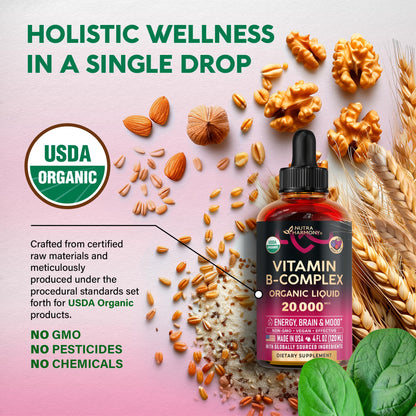 Complejo de Vitamina B Orgánico del USDA, Ácido Pantoténico B5 | B12 Metilcobalamina | B1 Tiamina | B6 Piridoxina | B7 Biotina | B9 Fólico | B3 Niacinamida - Gotas Líquidas de Complejo B, Suplemento Fabricado en EE. UU., 4 fl oz (118 ml)