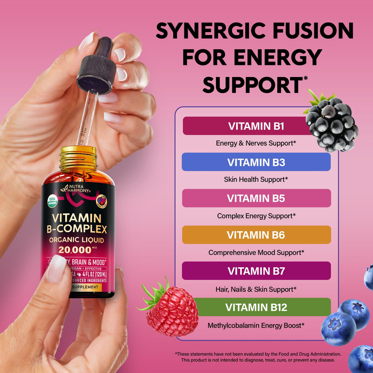 Complejo de Vitamina B Orgánico del USDA, Ácido Pantoténico B5 | B12 Metilcobalamina | B1 Tiamina | B6 Piridoxina | B7 Biotina | B9 Fólico | B3 Niacinamida - Gotas Líquidas de Complejo B, Suplemento Fabricado en EE. UU., 4 fl oz (118 ml)