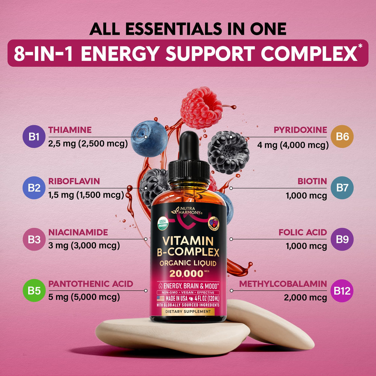 Complejo de Vitamina B Orgánico del USDA, Ácido Pantoténico B5 | B12 Metilcobalamina | B1 Tiamina | B6 Piridoxina | B7 Biotina | B9 Fólico | B3 Niacinamida - Gotas Líquidas de Complejo B, Suplemento Fabricado en EE. UU., 4 fl oz (118 ml)