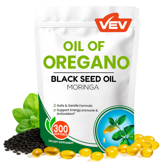 VEV Aceite de Orégano 300mg con Aceite de Comino Negro y Moringa | Suministro para 150 días
