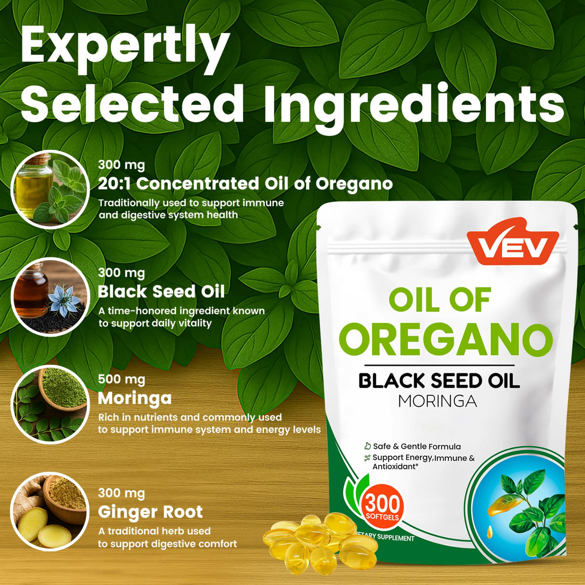 VEV Oil of Oregano 300mg with Black Seed Oil & Moringa | 150-Day Supply