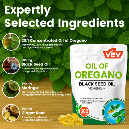 VEV Oil of Oregano 300mg with Black Seed Oil & Moringa | 150-Day Supply