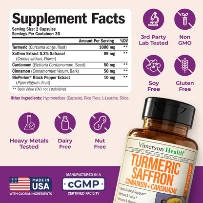 Vimerson Health Saffron Supplement – Turmeric, Cinnamon & Cardamom | 2-Pack - Calm Era
