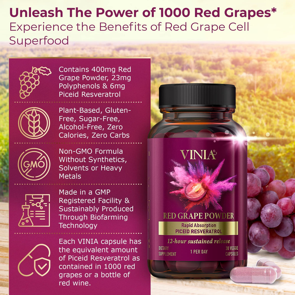 VINIA Piceid Resveratrol – Blood Flow & Heart Health | 30 Capsules - Calm Era