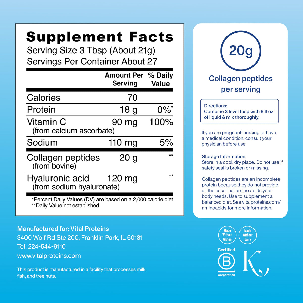 Péptidos de Colágeno Avanzados de Vital Proteins con Ácido Hialurónico y Vitamina C – 567 g, 27 porciones