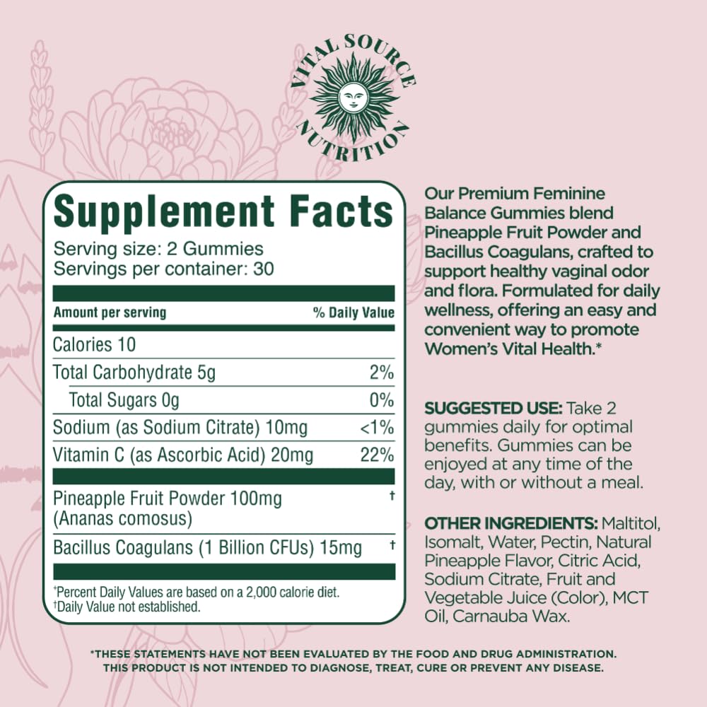Vital Source Nutrition Feminine Balance Gummies – Women’s Health & Immune Support | Vegan & Gluten-Free | 60 Gummies