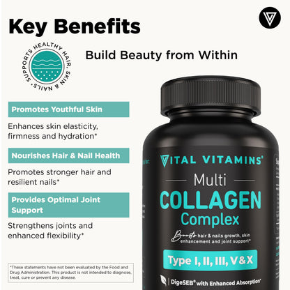 Vital Vitamins Pastillas de colágeno múltiple para mujeres y hombres (paquete de 2) - Péptidos de colágeno hidrolizado - Tipo I, II, III, V, X - Alimentado con pasto, sin OGM