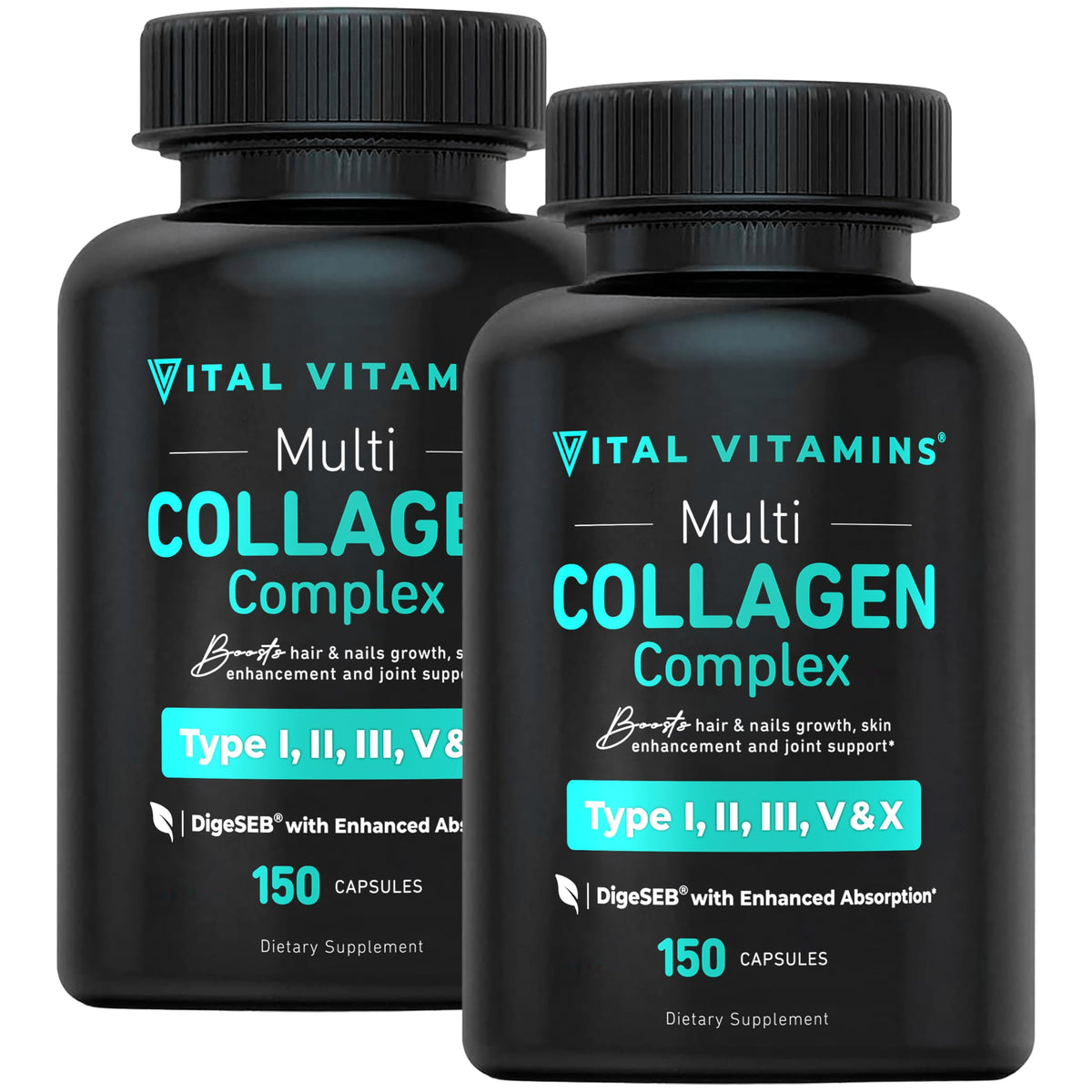 Vital Vitamins Pastillas de colágeno múltiple para mujeres y hombres (paquete de 2) - Péptidos de colágeno hidrolizado - Tipo I, II, III, V, X - Alimentado con pasto, sin OGM