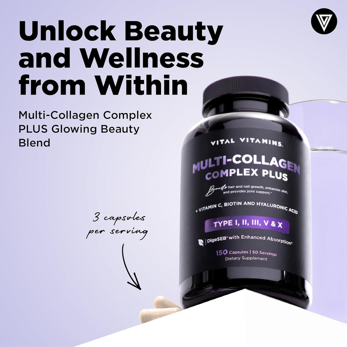 Vital Vitamins Multi Collagen Plus (Paquete de 2) – Biotina, Ácido Hialurónico y Vitamina C para Cabello, Piel y Uñas | Colágeno Tipo I–X (Mujeres y Hombres)