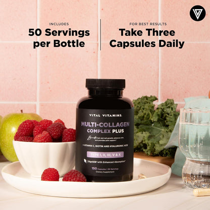 Vital Vitamins Multi Collagen Plus (Paquete de 2) – Biotina, Ácido Hialurónico y Vitamina C para Cabello, Piel y Uñas | Colágeno Tipo I–X (Mujeres y Hombres)