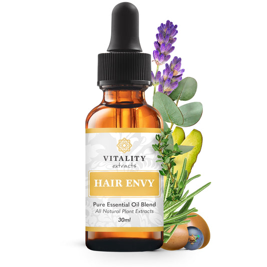 Bottle of Vitality Extracts Hair Envy essential oil blend with lavender and eucalyptus on a white background
