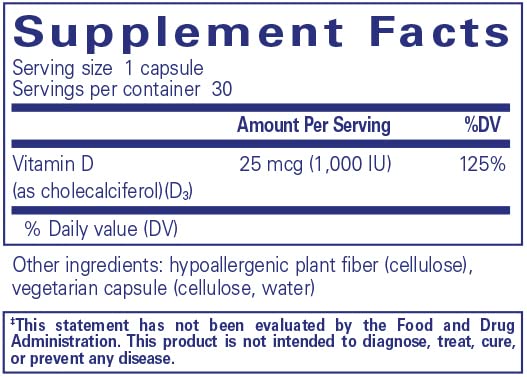 Pure Encapsulations Vitamina D3 25mcg (1000 UI) — 30 Cápsulas