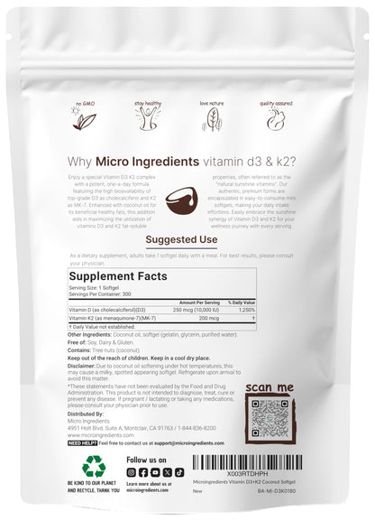 Vitamina D3 10.000 UI + K2 MK-7 200 mcg (2 Paquetes) Cápsulas Blandas | 600 Unidades | Aceite de Coco Virgen