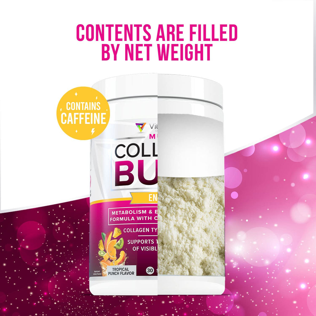 Vitauthority Multi Collagen Burn – 5 Types Collagen, Hyaluronic Acid, Vitamin C, SOD B Dimpless, Caffeine, Tropical Punch, 30 Servings - Calm Era