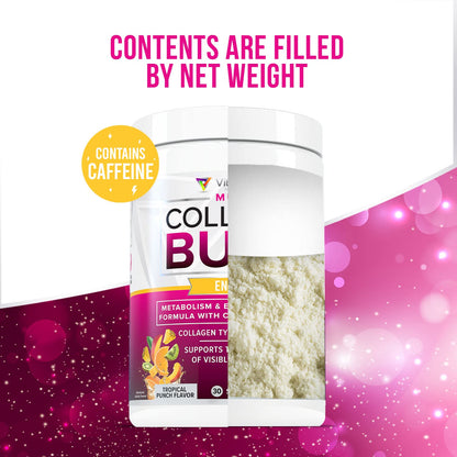 Vitauthority Multi Collagen Burn – 5 Types Collagen, Hyaluronic Acid, Vitamin C, SOD B Dimpless, Caffeine, Tropical Punch, 30 Servings - Calm Era