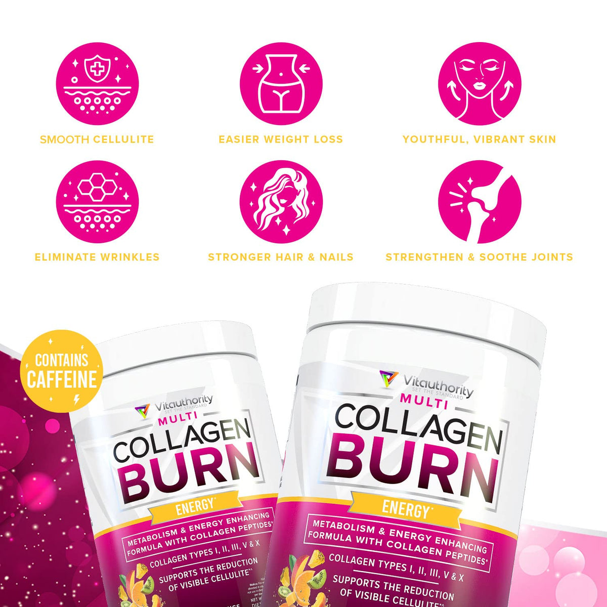 Vitauthority Multi Collagen Burn – 5 Types Collagen, Hyaluronic Acid, Vitamin C, SOD B Dimpless, Caffeine, Tropical Punch, 30 Servings - Calm Era