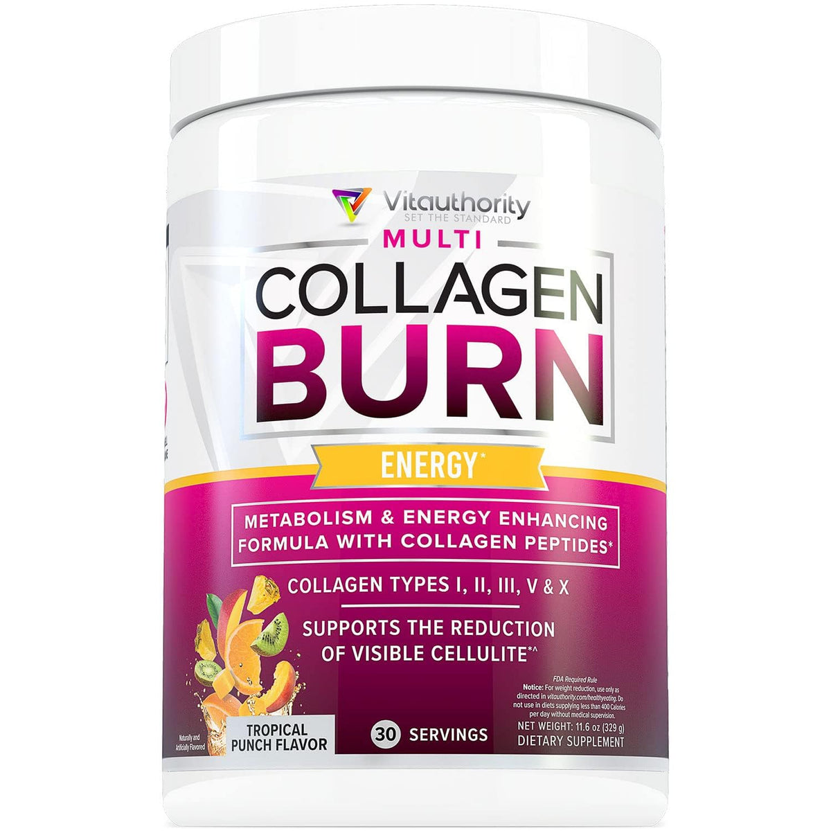 Vitauthority Multi Collagen Burn – 5 Types Collagen, Hyaluronic Acid, Vitamin C, SOD B Dimpless, Caffeine, Tropical Punch, 30 Servings - Calm Era