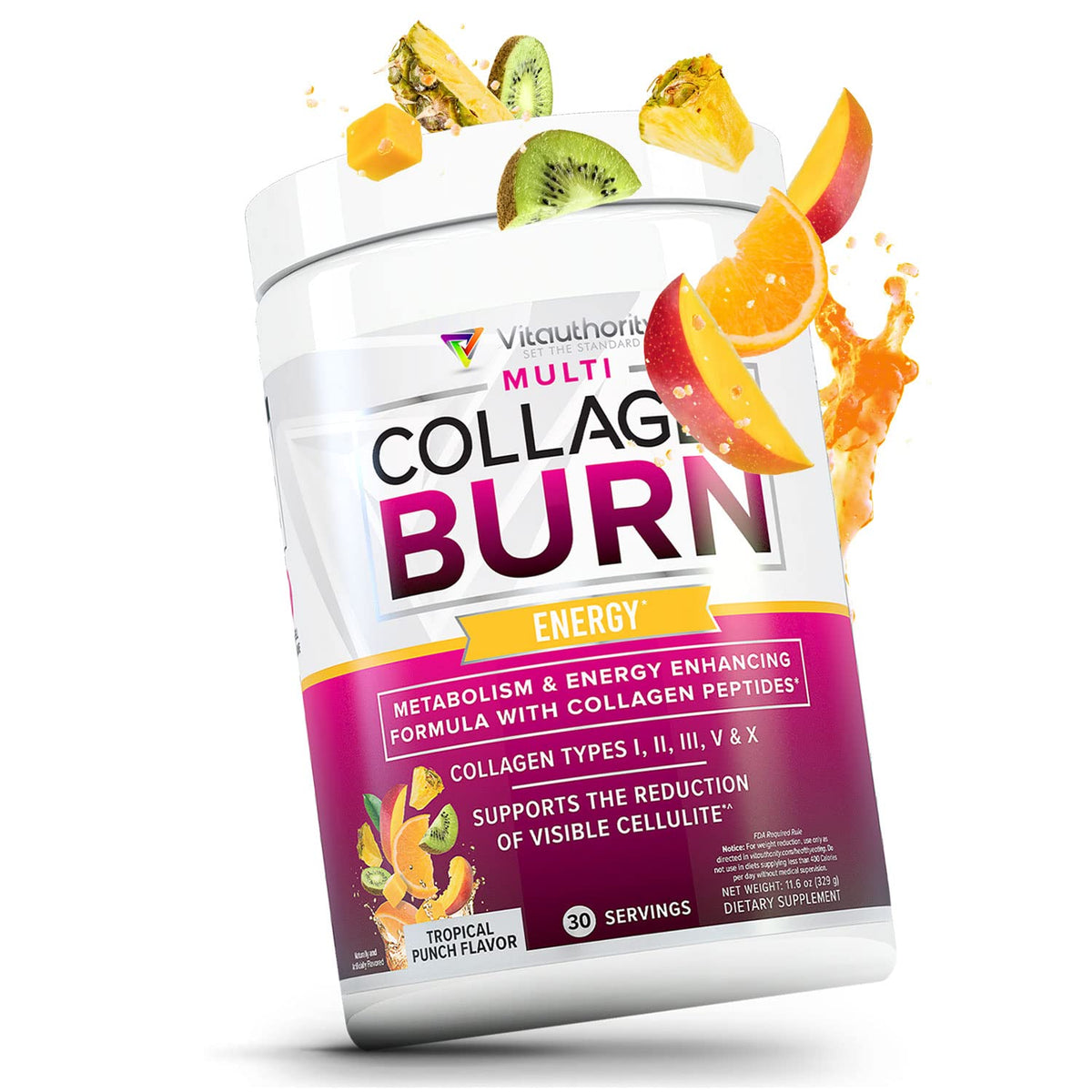 Vitauthority Multi Collagen Burn – 5 Types Collagen, Hyaluronic Acid, Vitamin C, SOD B Dimpless, Caffeine, Tropical Punch, 30 Servings - Calm Era