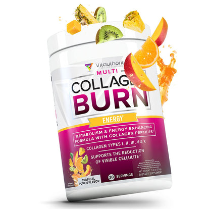 Vitauthority Multi Collagen Burn – 5 Types Collagen, Hyaluronic Acid, Vitamin C, SOD B Dimpless, Caffeine, Tropical Punch, 30 Servings - Calm Era
