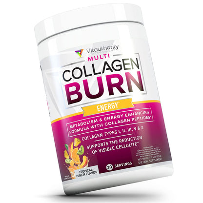 Vitauthority Multi Collagen Burn – 5 Types Collagen, Hyaluronic Acid, Vitamin C, SOD B Dimpless, Caffeine, Tropical Punch, 30 Servings - Calm Era
