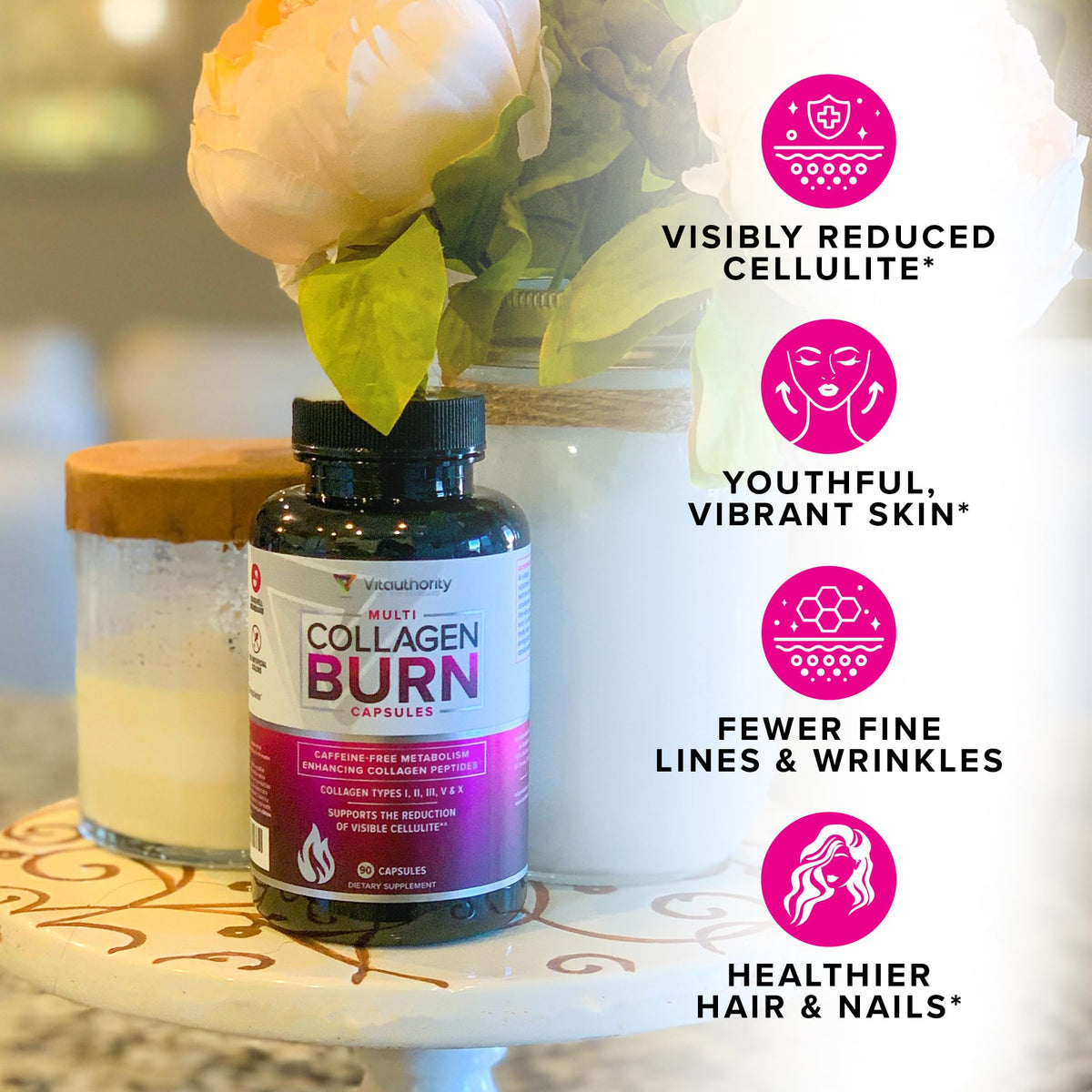 Vitauthority Multi Collagen Burn – 5 Types, Hyaluronic Acid, Vitamin C | Caffeine-Free Capsules - Calm Era