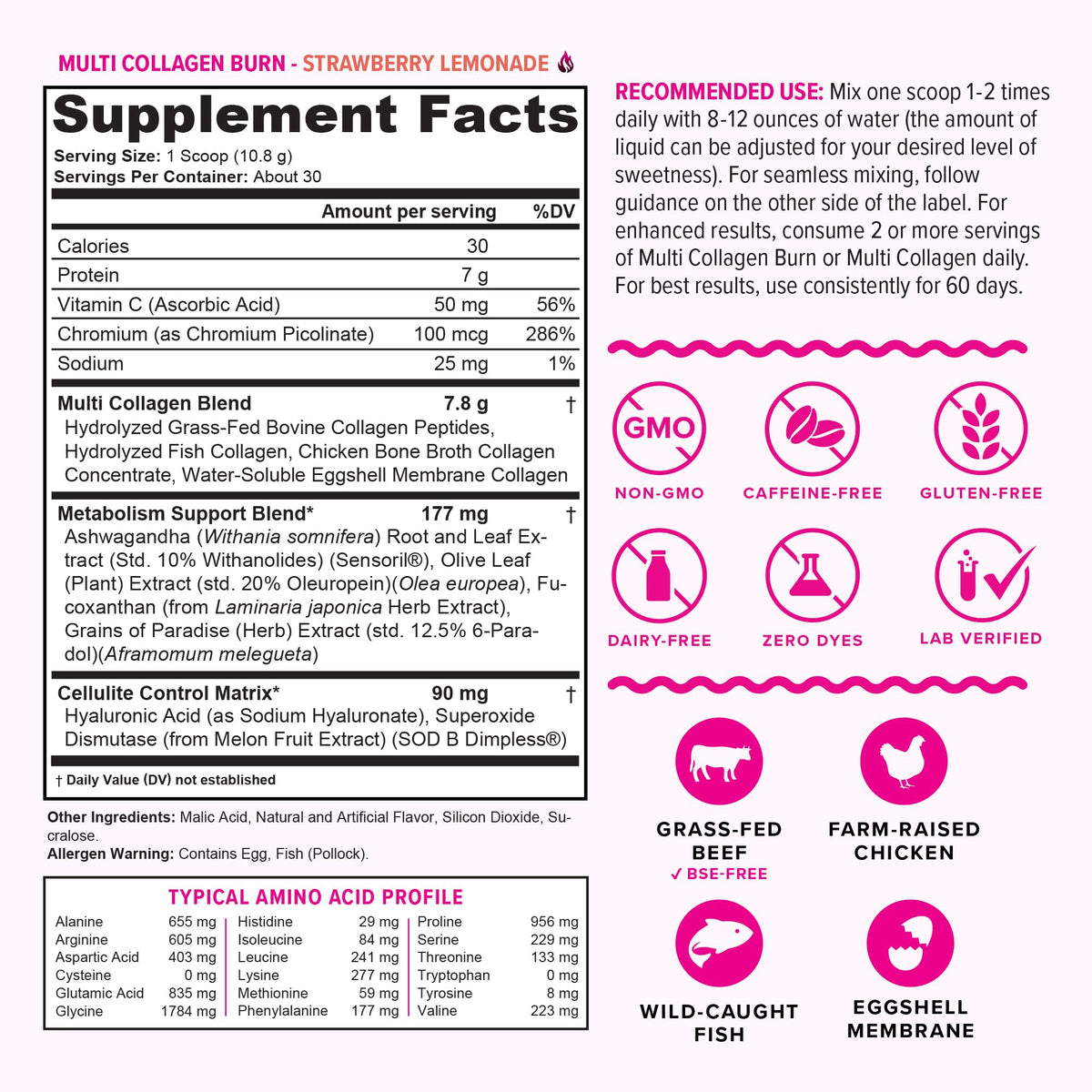 Vitauthority Multi Collagen Burn – Caffeine-Free Strawberry Lemonade, 30 Servings - Calm Era