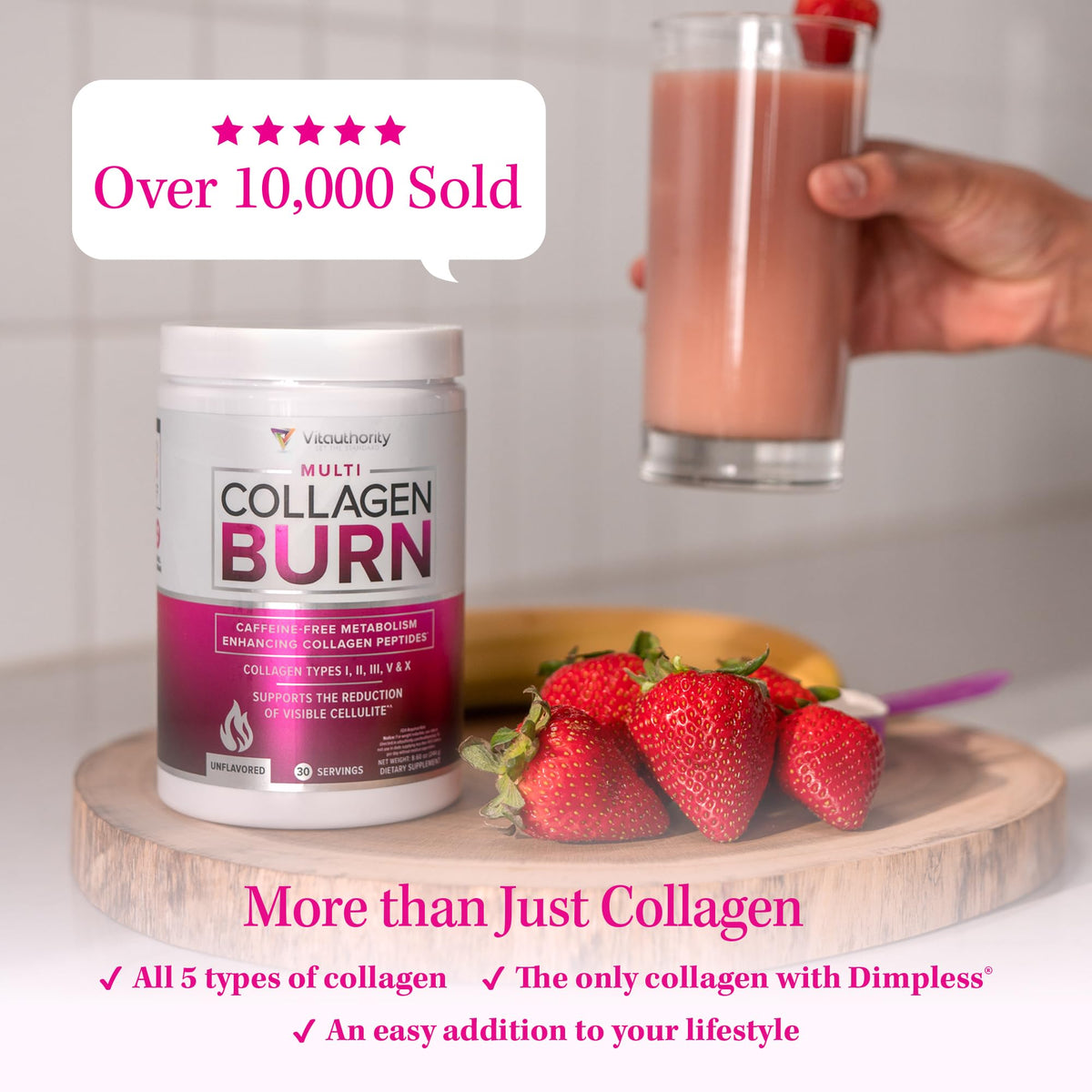 Vitauthority Multi Collagen Burn – Caffeine-Free Strawberry Lemonade, 30 Servings - Calm Era