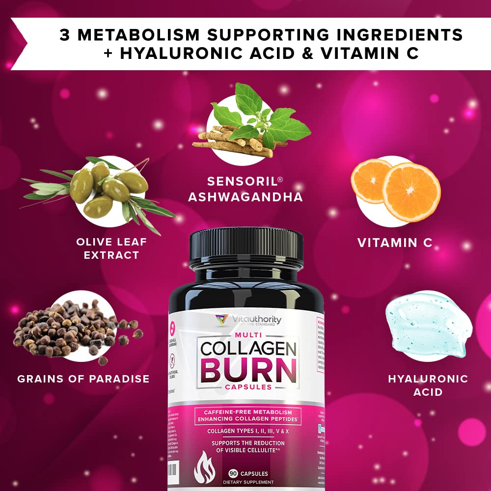 Vitauthority Multi Collagen Burn – 5 Tipos, Ácido Hialurónico, Vitamina C | Cápsulas sin cafeína