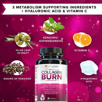 Vitauthority Multi Collagen Burn – 5 Tipos, Ácido Hialurónico, Vitamina C | Cápsulas sin cafeína