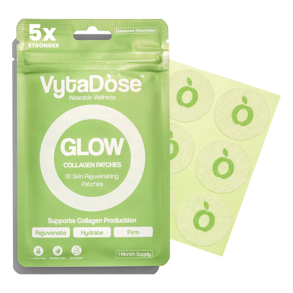 VytaDose Glow Collagen Patches packaging with green and white design on a white background