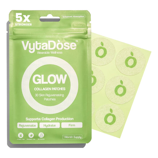 VytaDose Glow Collagen Patches packaging with green and white design on a white background