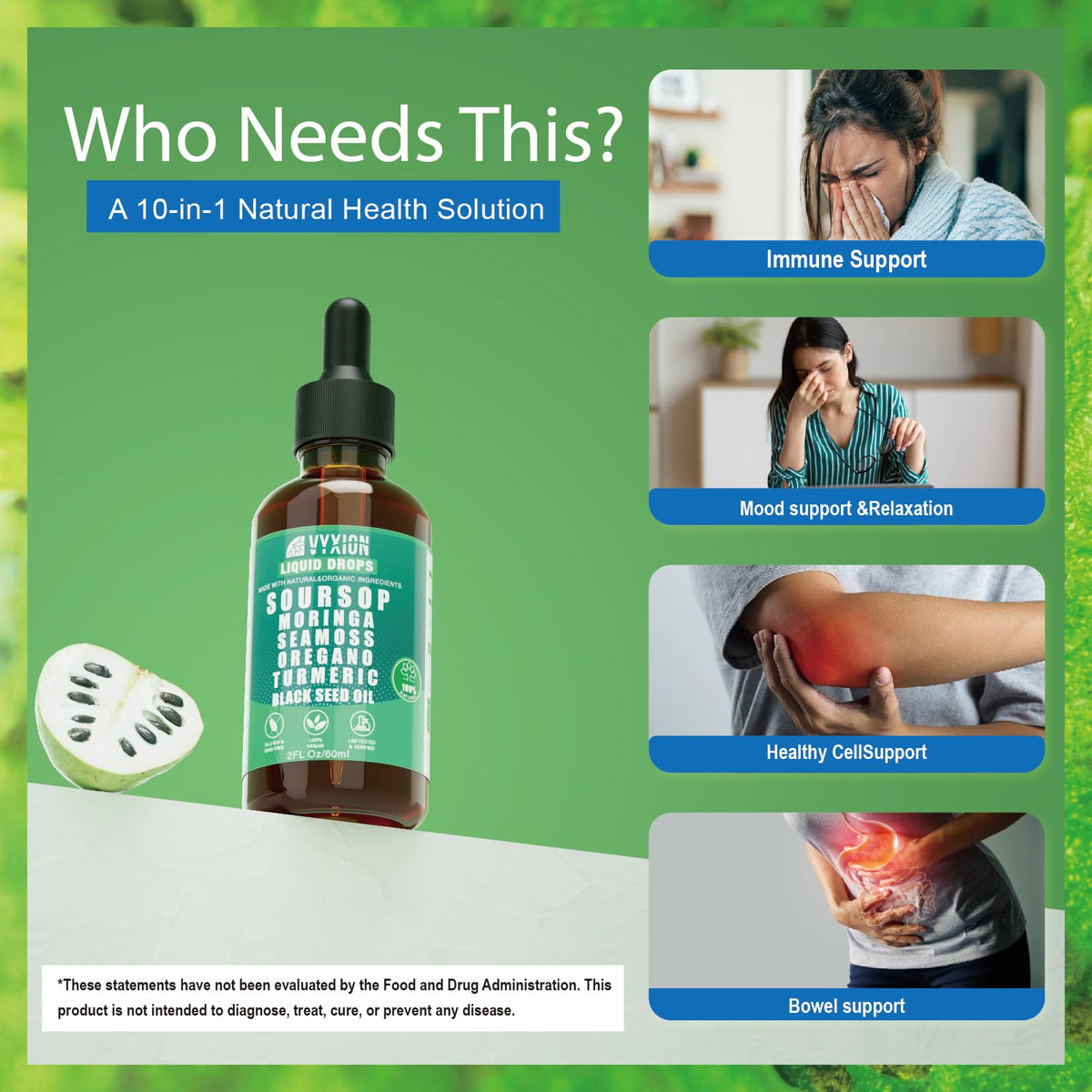 Soursop Bitters Liquid Drops 10-in-1 with Moringa & Ashwagandha 2fl oz