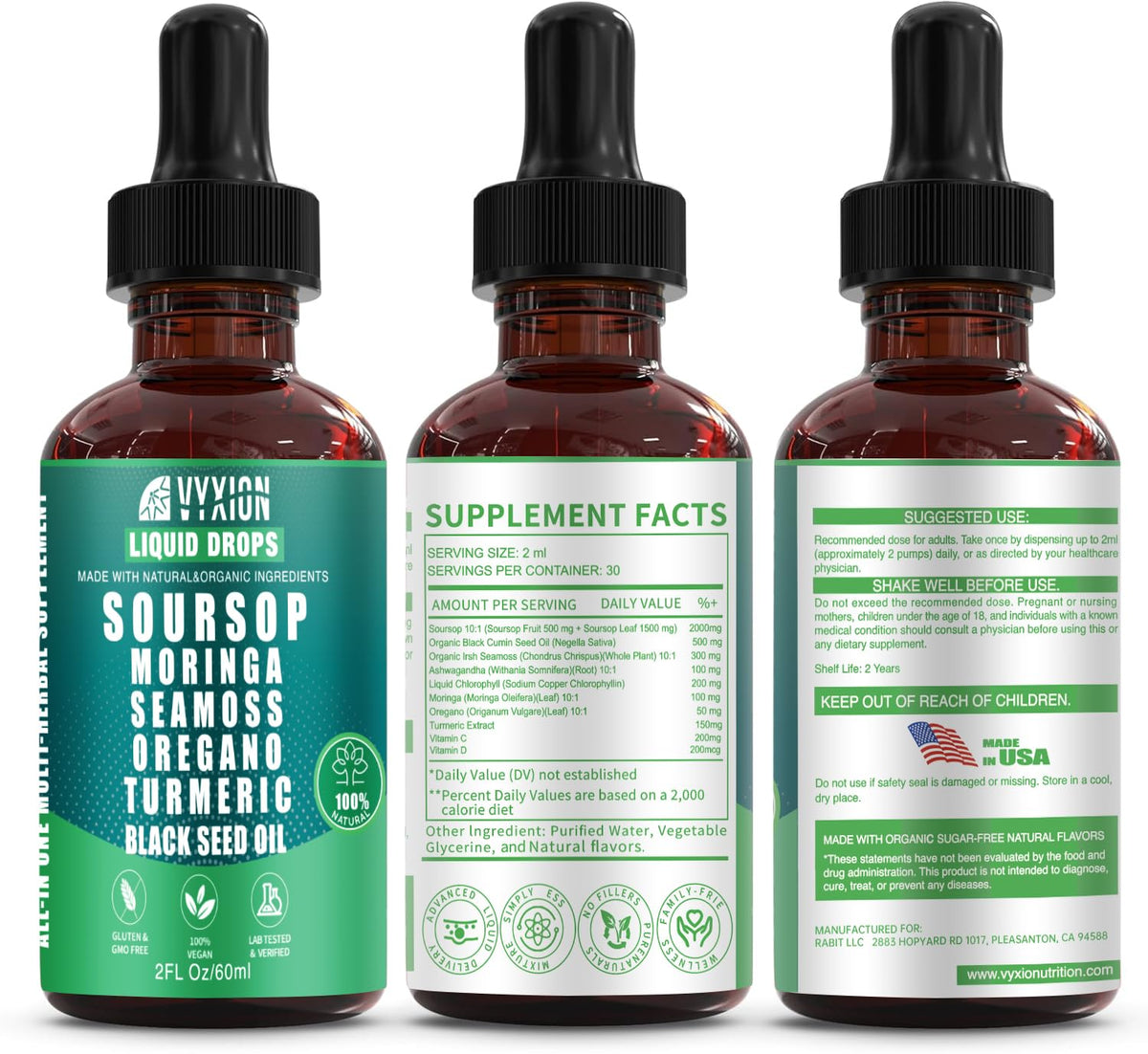 Soursop Bitters Liquid Drops 10-in-1 with Moringa & Ashwagandha 2fl oz