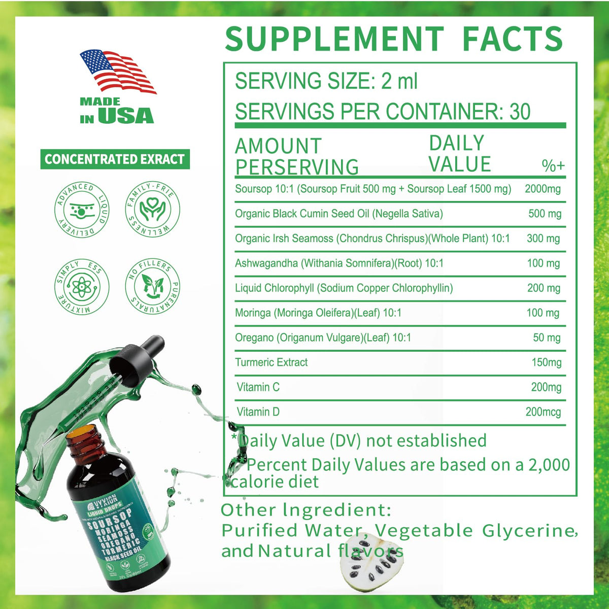Soursop Bitters Liquid Drops 10-in-1 with Moringa & Ashwagandha 2fl oz