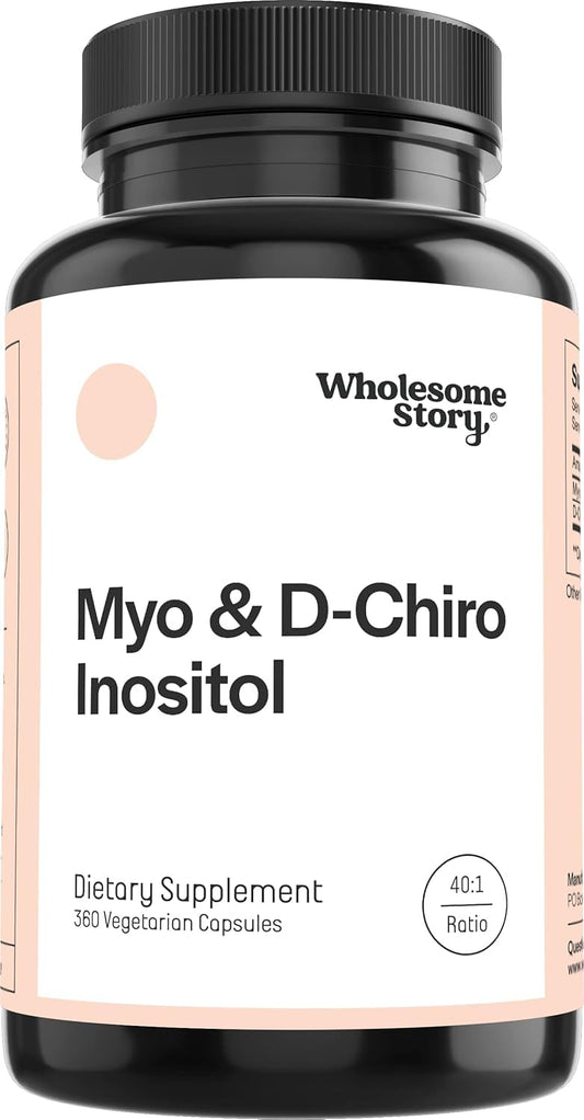 Supplement bottle labeled 'Myo & D-Chiro Inositol' by Wholesome Story on a white background