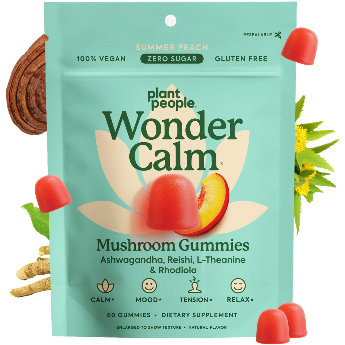 Package of Plant People Wonder Calm Mushroom Gummies with gummy and plant ingredients on a white background